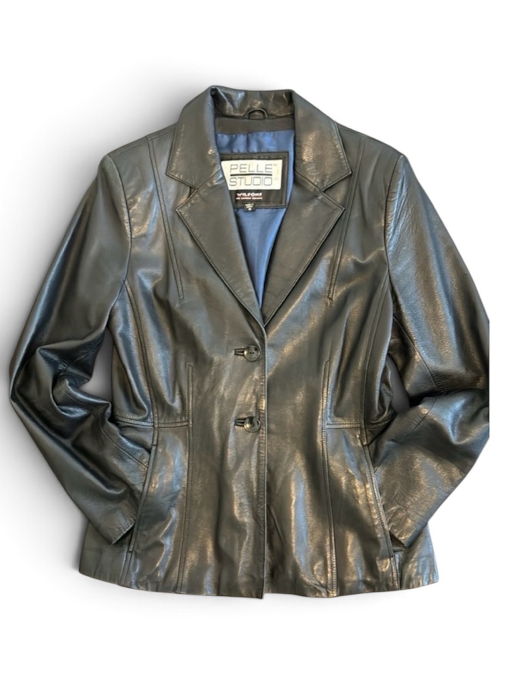 Vtg WILSONS Genuine Leather Jacket Blazer Black Tapered Lined Womens Mediumn Y2K
